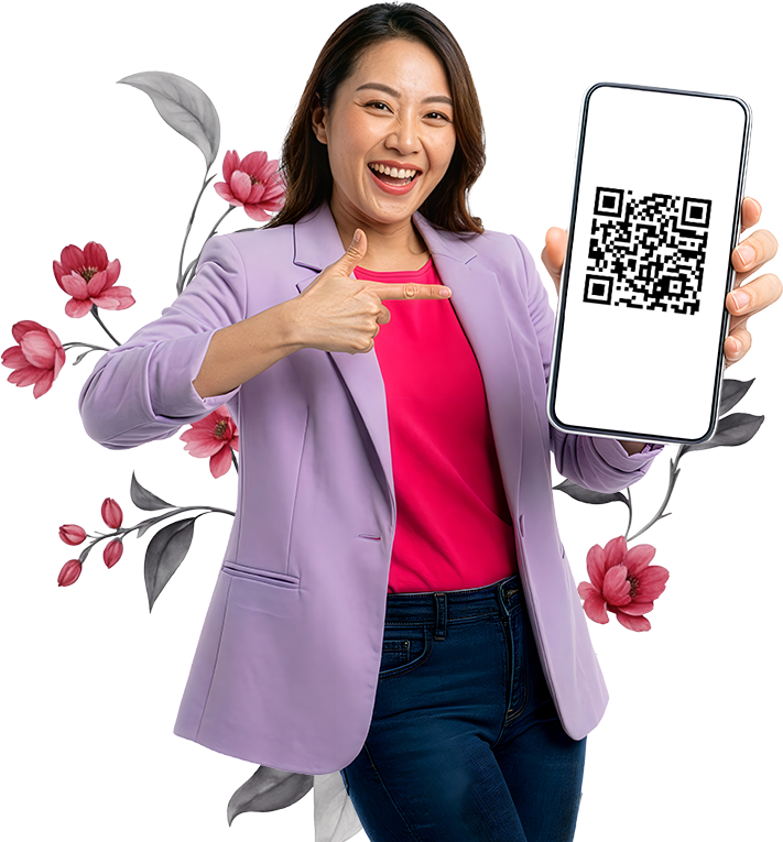 Woman pointing at QR code on phone