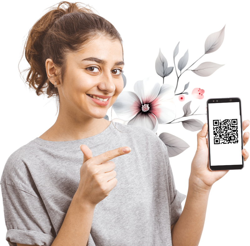 Woman pointing at QR code on phone